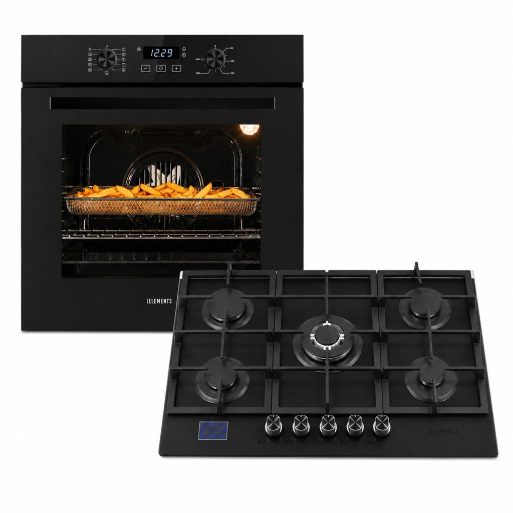 KB ELEMENTS Herdset Autark Gaskochfeld 76 cm 5 Brenner + Einbaubackofen 60 cm, Air Fry, Steam Clean, Heißluft, Gas-Stop-Timer, 10,3 kW, A+