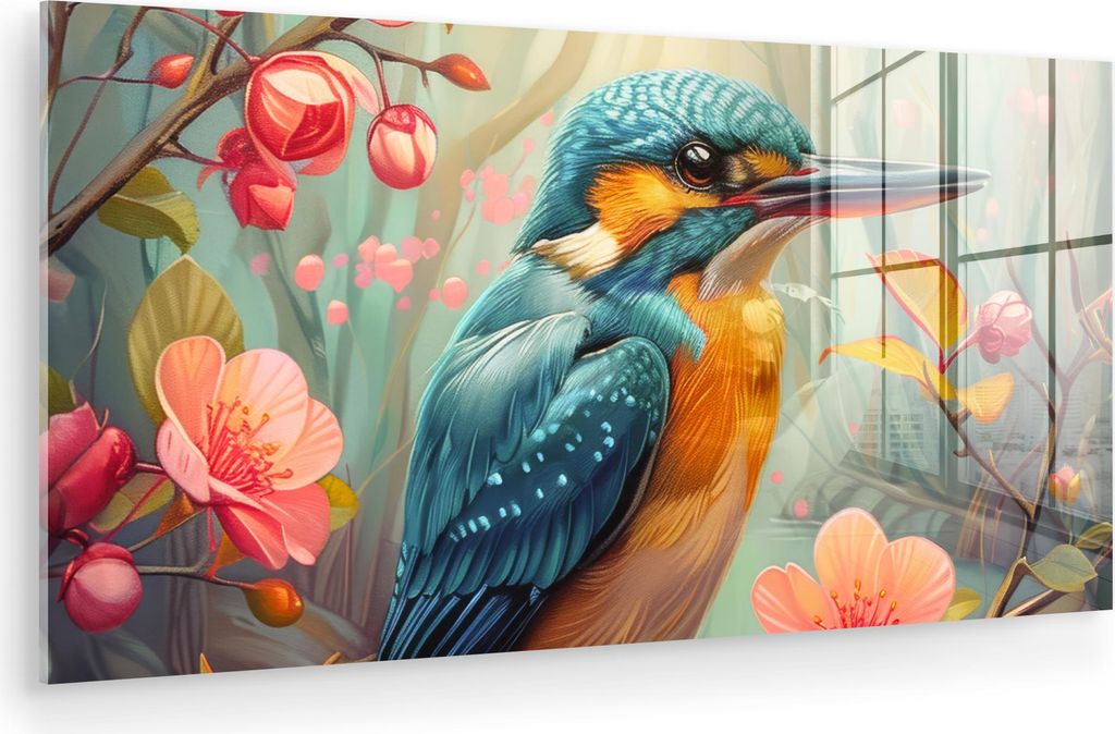 MuchoWow Glasbilder - Bilder auf Wandbild - Foto auf Glas Eisvogel - Blüte - Natur - Vögel - Blumen 120x60 cm Wanddekoration aus Glas - Acrylglas...