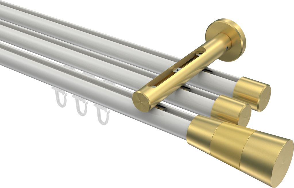 Interdeco Innenlaufstange / Gardinenstange mit Innenlauf Weiß / Messing-Optik, Typ Siteno Tanara (Konus Bicolor), 20 mm Ø 3-läufig, 440 cm