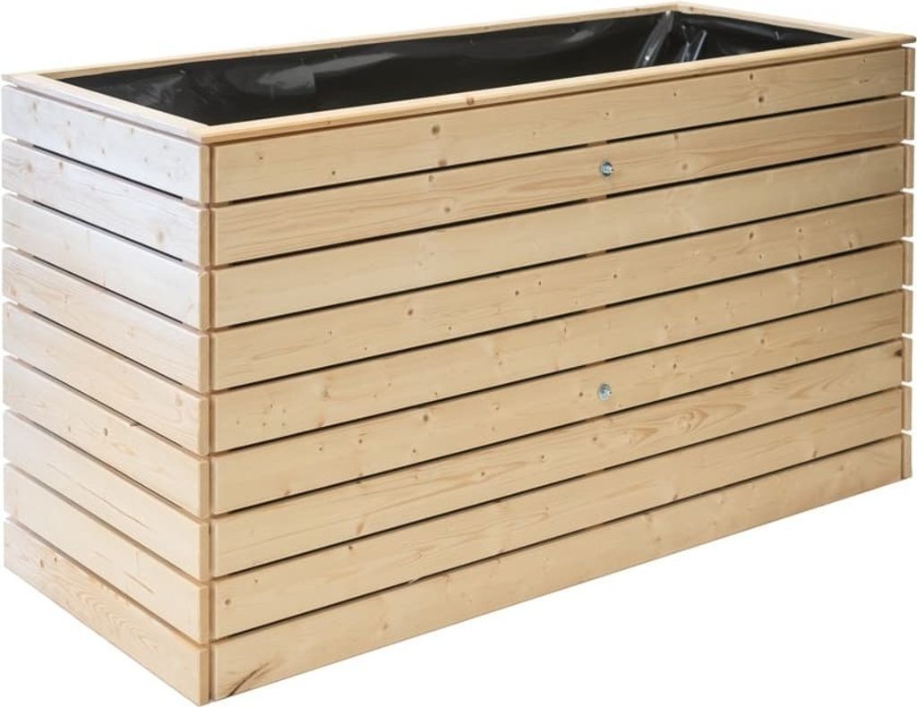 A rectangular wooden planter box with a black liner.