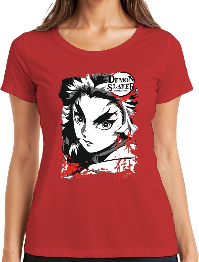 Demon Slayer Kimetsu no Yaiba Rengoku Feuer Anime Geschenk Damen T-Shirt, Rot, L