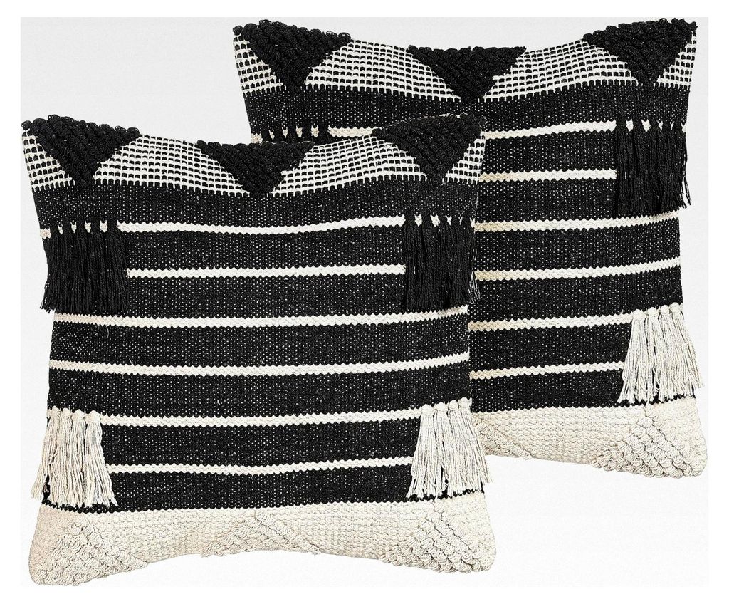 Dekokissen 2er Set beige/schwarz mit Fransen 50x50 cm geometrisch