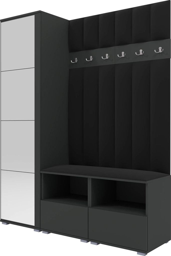 Garderoben-Set Nela II LUX mit Spiegel, gepolsterte Garderobe 150 cm mit Doppel-Sitzbank, Wandpaneelen und Stauraum (Farbe: Graphit + Trinity 16)