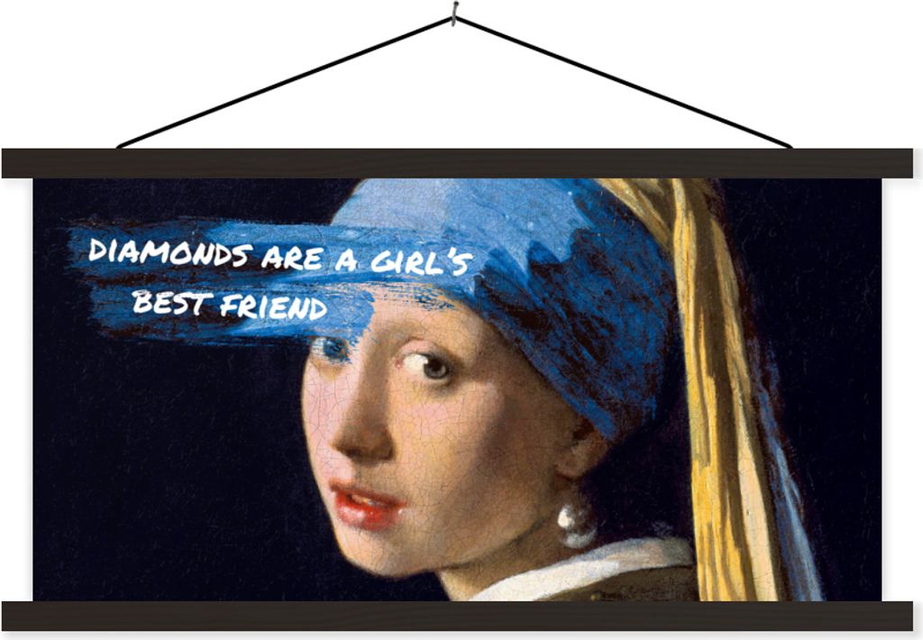 MuchoWow Textilposter Zitat - Girl with a Pearl Earring - Schmuck 120x60 cm mit schwarzem Rahmen - Dekoration Schlafzimmer
