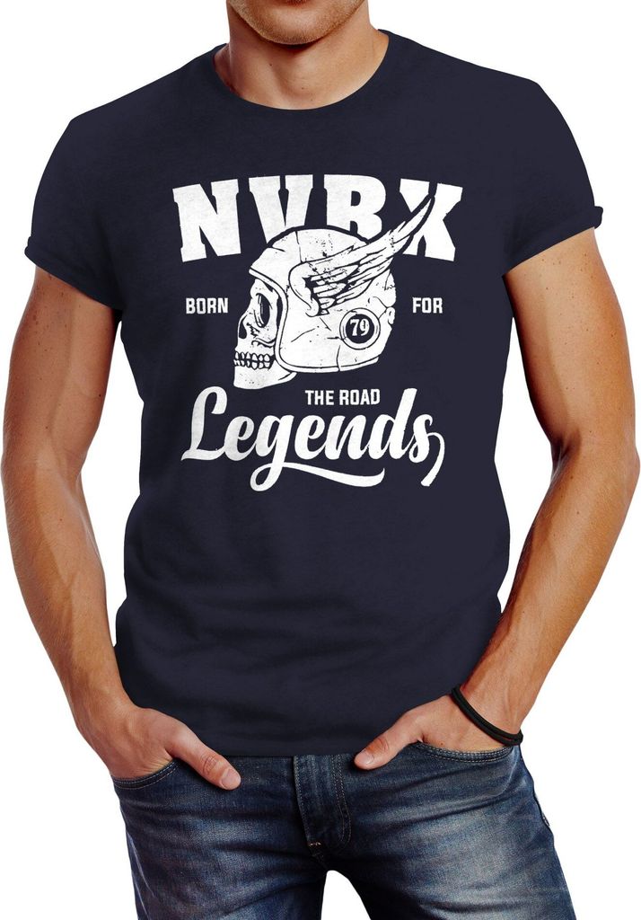 Herren T-Shirt Biker Racer Shirt Helmet Wings Motorradhelm Flügel Skull Legends Slim Fit Neverless navy M