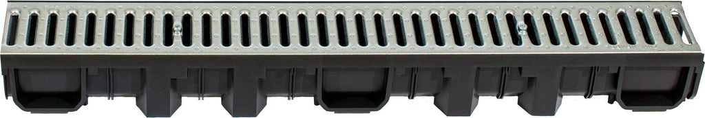A drainage channel with a grate on top and a black plastic base.
