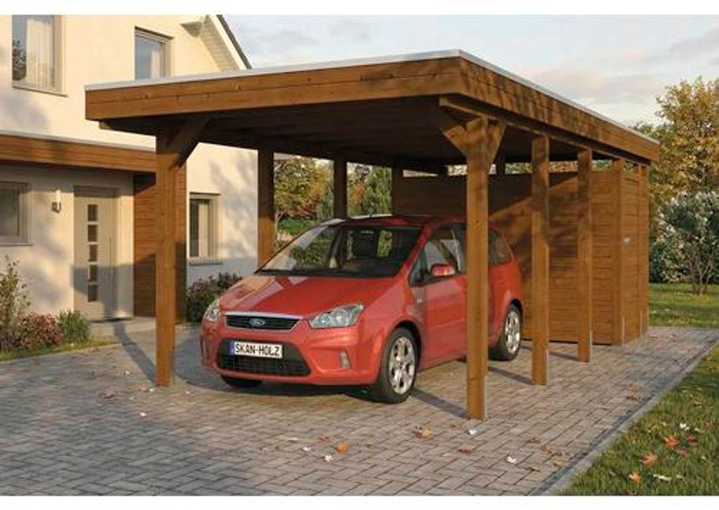 Einzelcarport SKAN HOLZ Friesland inkl. Abstellraum, Pfostenanker 320 x 708 cm nussbaum