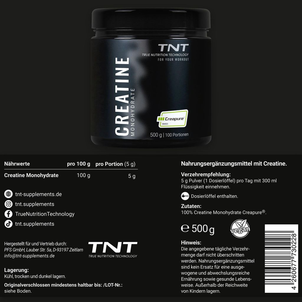 TNT Creatine Monohydrate Creapure (500g) - reines Kreatin für Kraftsport und Leistungssportler - Germany