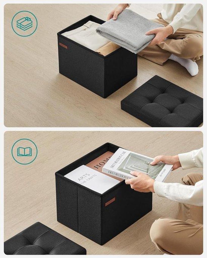 Famanu Pouf mit Stauraum, kleine klappbare Sitzbank, 31 x 41 cm Fußbank, Aufbewahrungsbox, bis 130 kg belastbar, intensiv schwarz