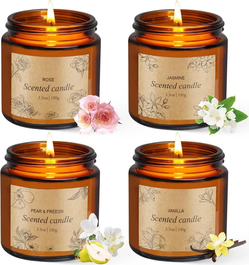 Idee Regalo Donna: Set 4 Candele Vetro Aromaterapia Soia Naturale 20h