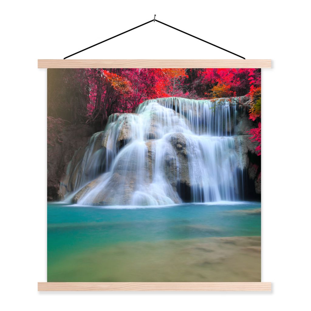MuchoWow Textilposter Wasserfall - Bäume - Rot - Landschaft - Natur 40x40 cm mit holzfarbenen Rahmen - Posterleiste