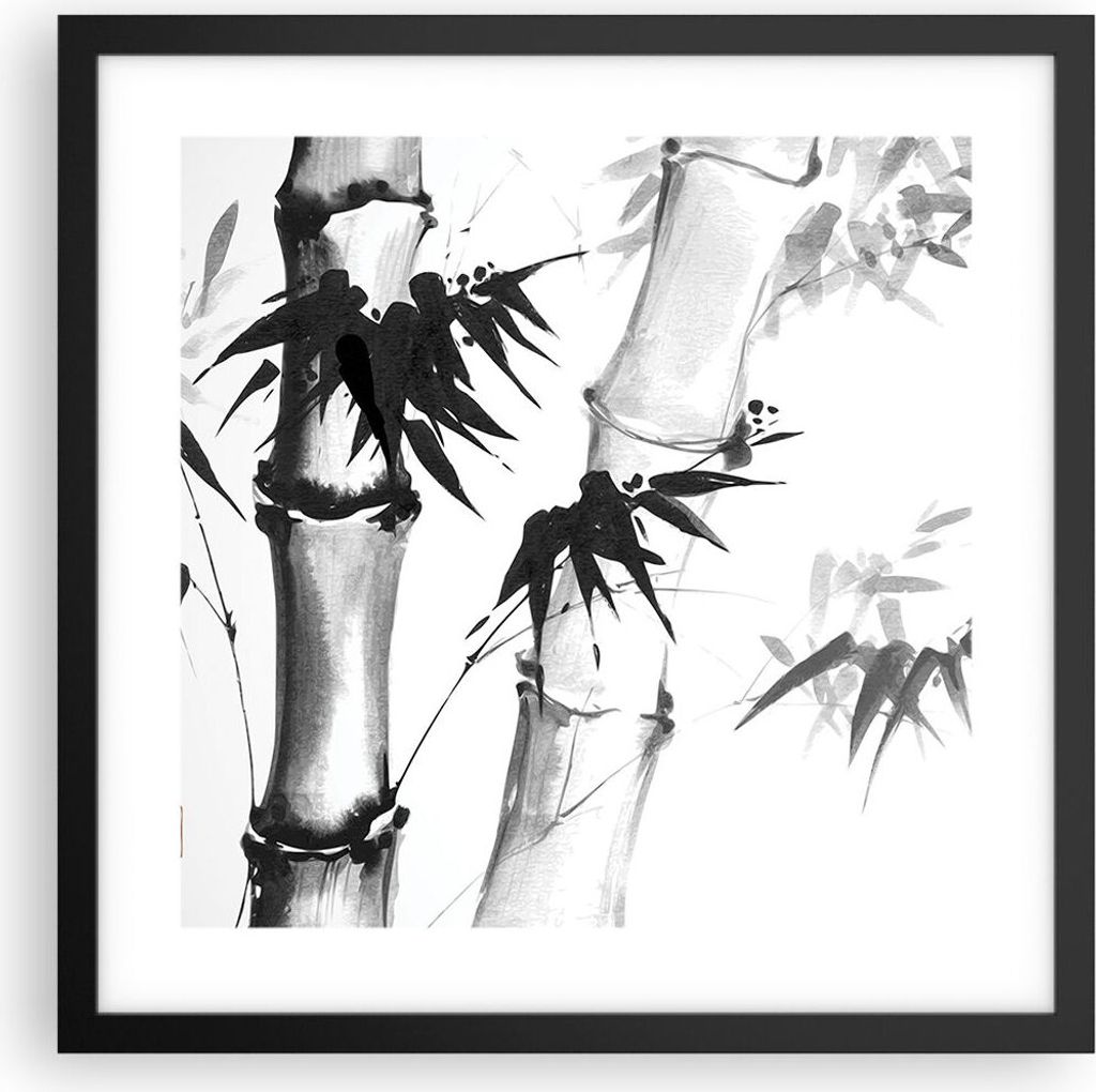 Gerahmtes Poster - Schwarzer Rahmen - Asiatisch Aquarell Bambus - 40x40 cm - Wand Bild - Wanddeko - Wandbilder - Kunstposter - Wandposter - Bilderr...