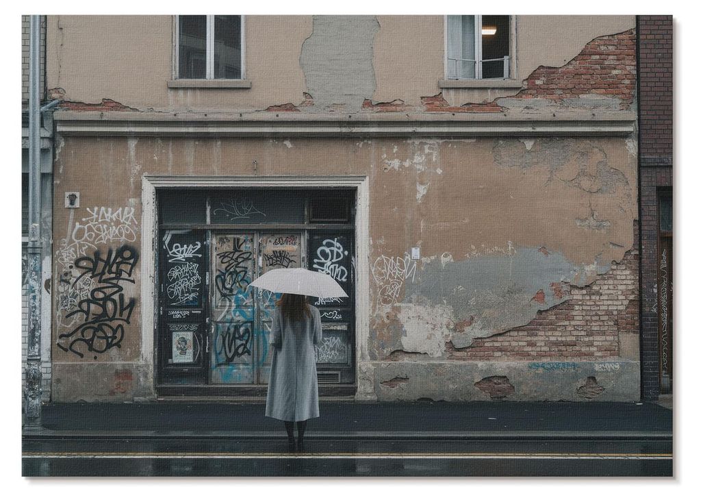 POSTER - 29x21 cm (A4) - Lala - Eine Person mit einem Regenschirm vor einer mit Graffiti bedeckten Wand - Wandbild für Wohnzimmer Schlafzimmer & F...