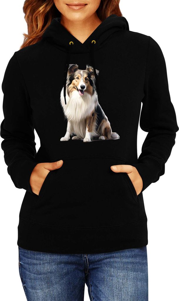 Damen Kapuzenpullover Dogs Breeds Collie Dog Breed 006, Lady XS / Schwarz