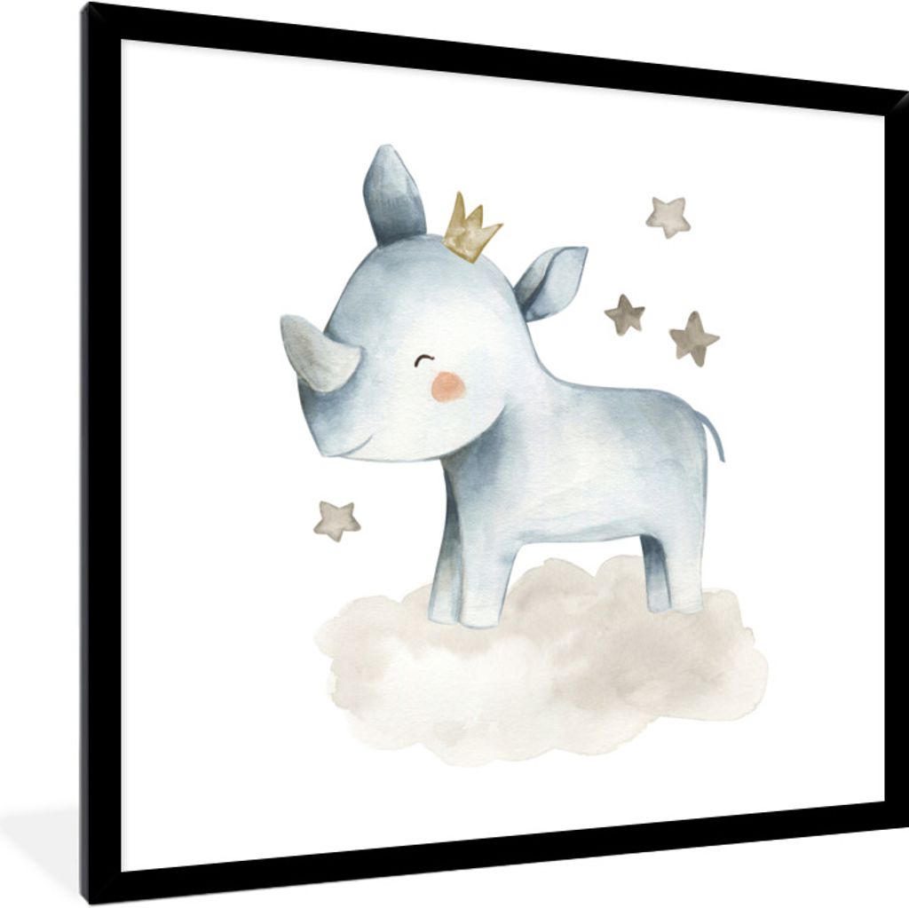 MuchoWow Gerahmtes Poster Rhinozeros - Sterne - Wolke 40x40 cm - Poster mit Schwarzem Bilderrahmen Wandposter Rahmen Foto Bilder - Mit Rahmen - W...