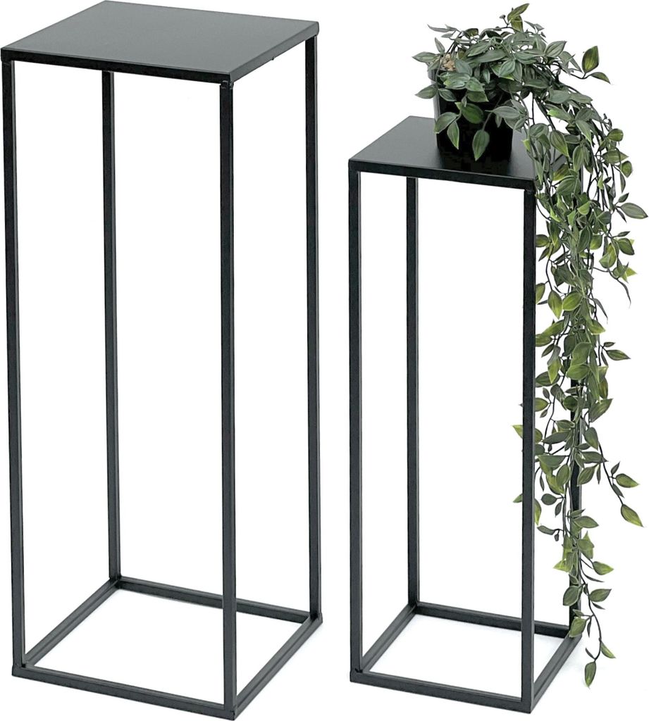 Two black metal plant stands of different heights are shown against a white background. A potted plant with trailing green leaves is placed on the taller stand.