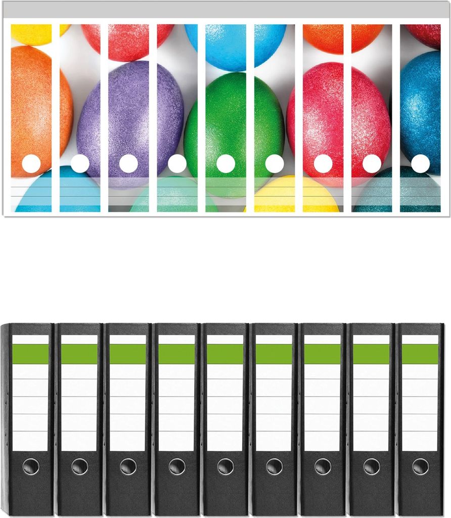 Wallario 9 Stück breite Ordner inkl. Klebeetiketten mit Motive Bunte Oster-Eier in Nahaufnahme mit kräftigen Farben - Set mit Rückenschildern /...