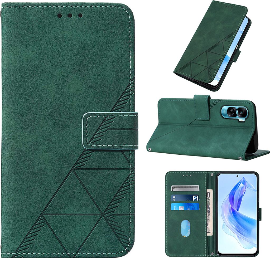 Hülle für Honor 90 Lite Prägung Flip Leder Kartenfächer Schutzhülle mit Ständer Grün