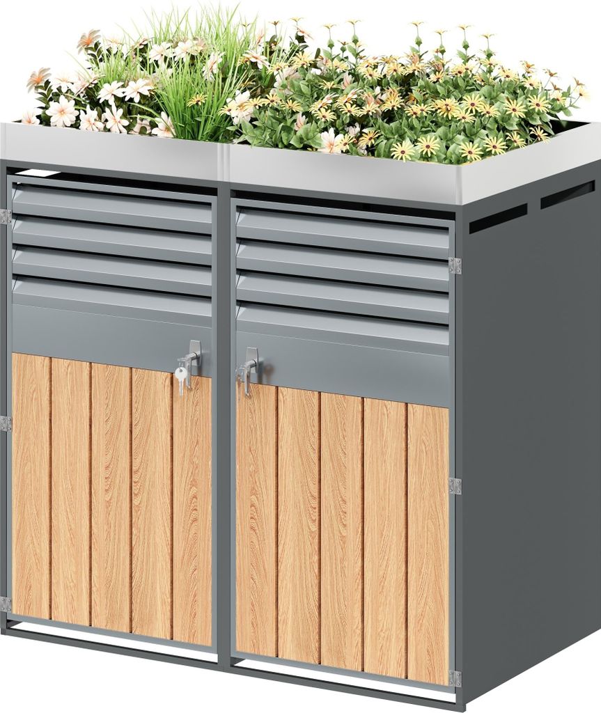 Mülltonnenbox ,Lüftungsöffnung mit Lamellen, trash storage compartments,Abschließbar, Zwei Türen,Pflanzfläche