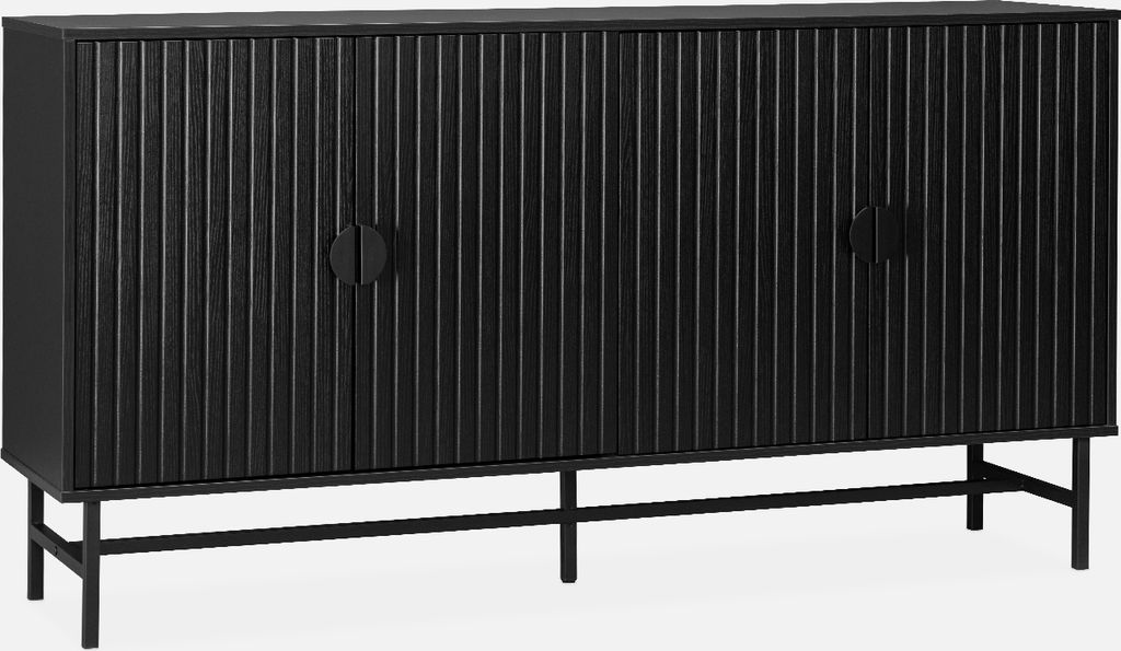 A black sideboard with a fluted wood-effect finish and circular handles, shown on a white background.