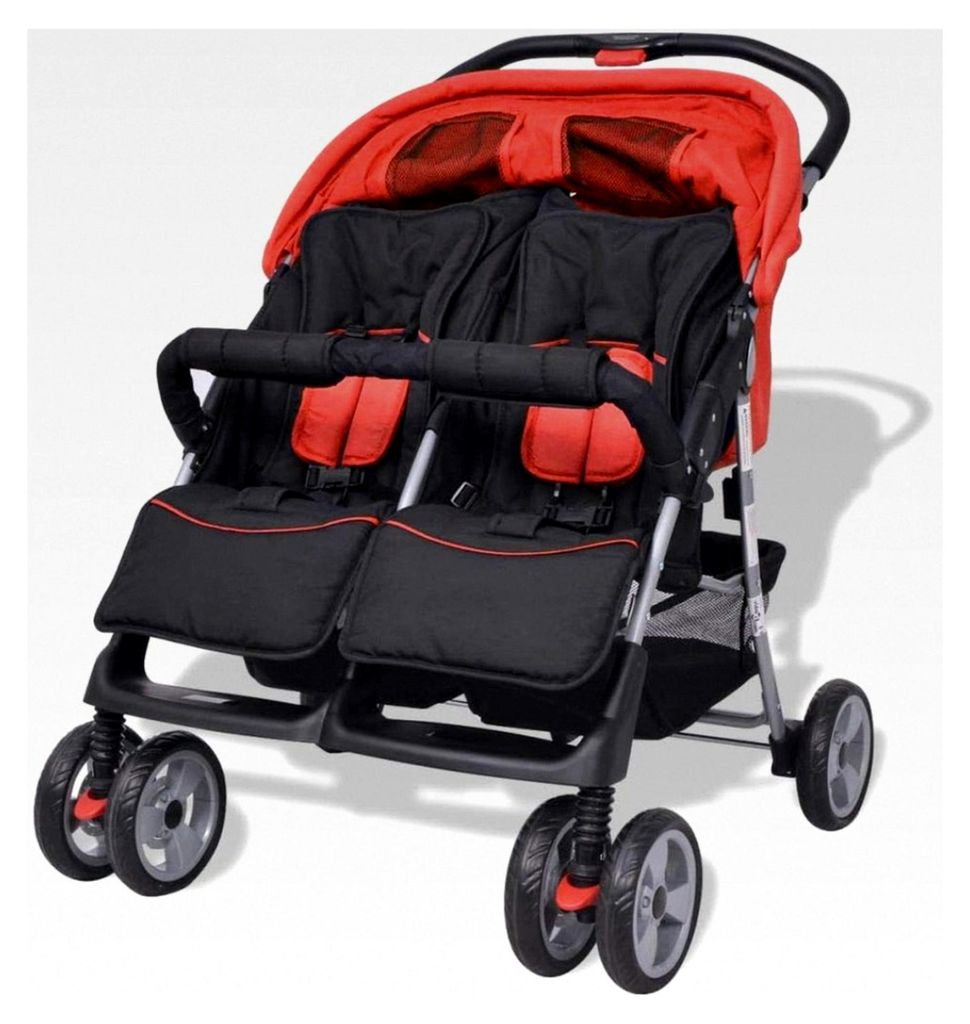 Zwillingswagen klappbar mit Regenschutzhaube aus Stahl und Oxfordgewebe 93 x 68 x 103 cm (L x B x H) Rot und Schwarz