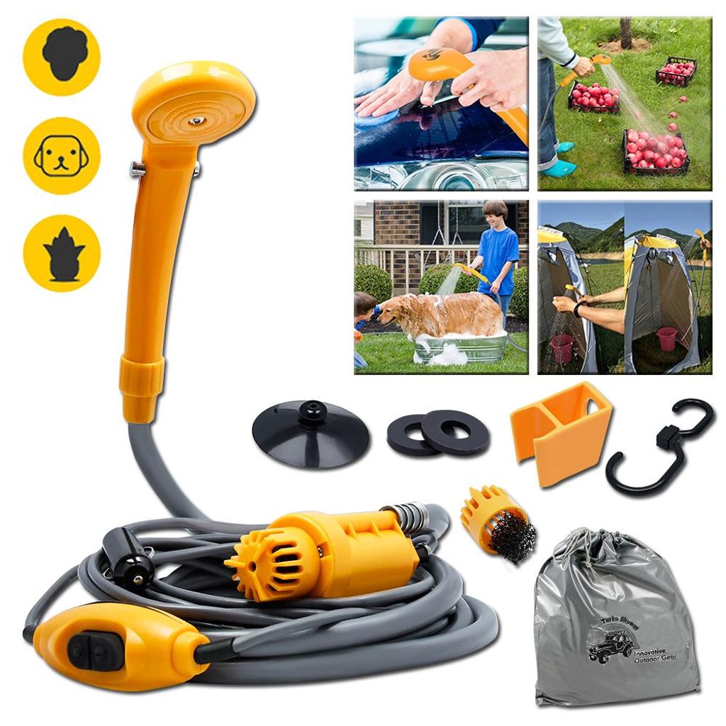 XINZI 12V Tragbare Campingdusche mit Tauchpumpe, Außendusche mit 2 m Schlauch und Stromadapter, mobile Camping Dusche für Wohnmobil, Camping