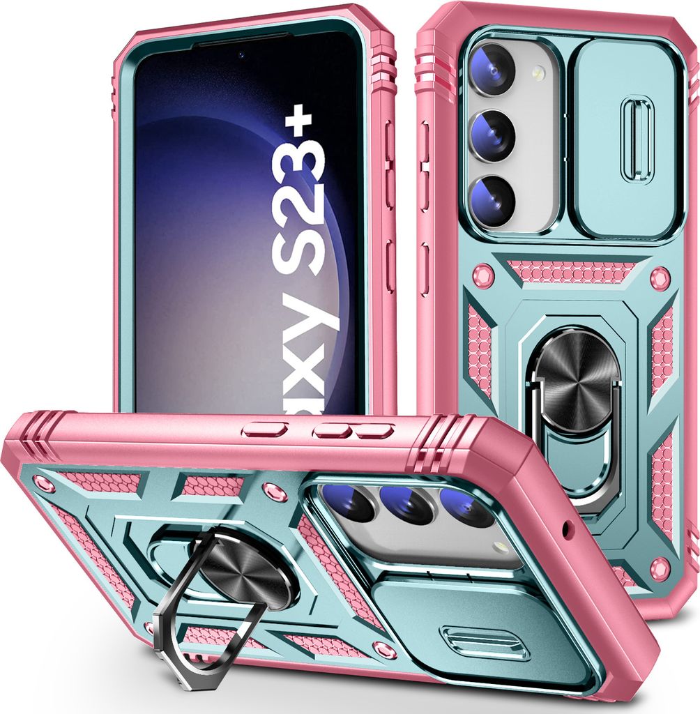 Galaxy S23+ Hülle, Schiebe Kamera Schutz Robust Rüstung Schutzhülle mit Ringhalterung Ständer Kartenhalter für Samsung Galaxy S23+ Türkis