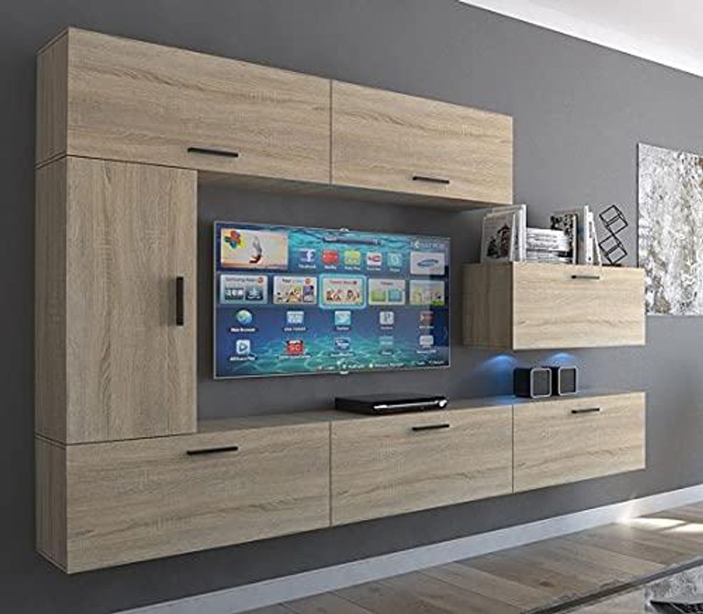 Furnitech Wohnwand Wohnzimmer - Wohnzimmer Möbel mit LED RGB - 16 Farben - Hängend Wohnwand Modern - Regale und TV Schrank (Future C10/M/S/28 1B)