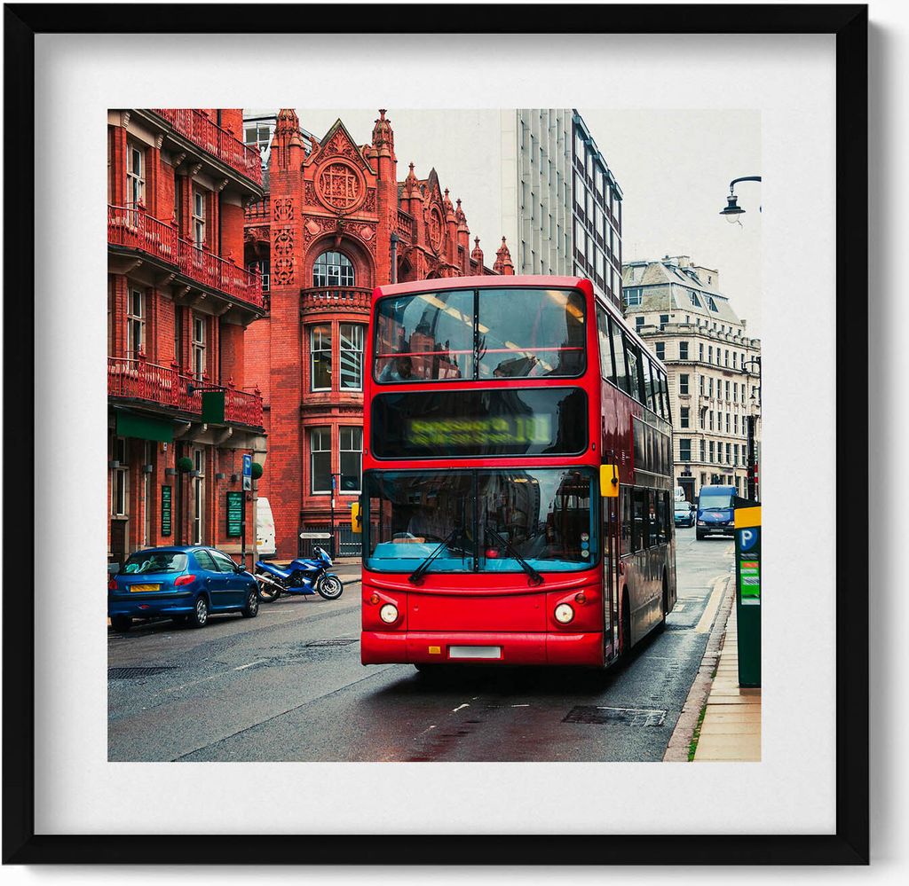 Bus in Birmingham Vereinigtes Königreich– Wandbild mit Rahmen – Gerahmtes Bild – Wanddekoration – 50x50 cm – Schwarz Rahmen