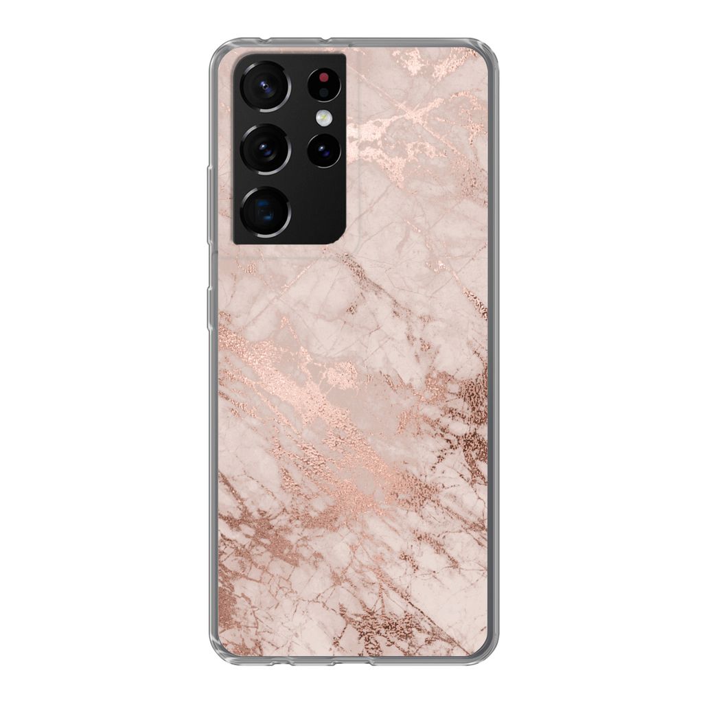 MuchoWow Handyhülle Schutzhülle Hülle für Samsung Galaxy S21 Ultra Marmor - Rosa - Luxus - Marmoroptik - Glitzer - Design Silikon Softcase Ha...