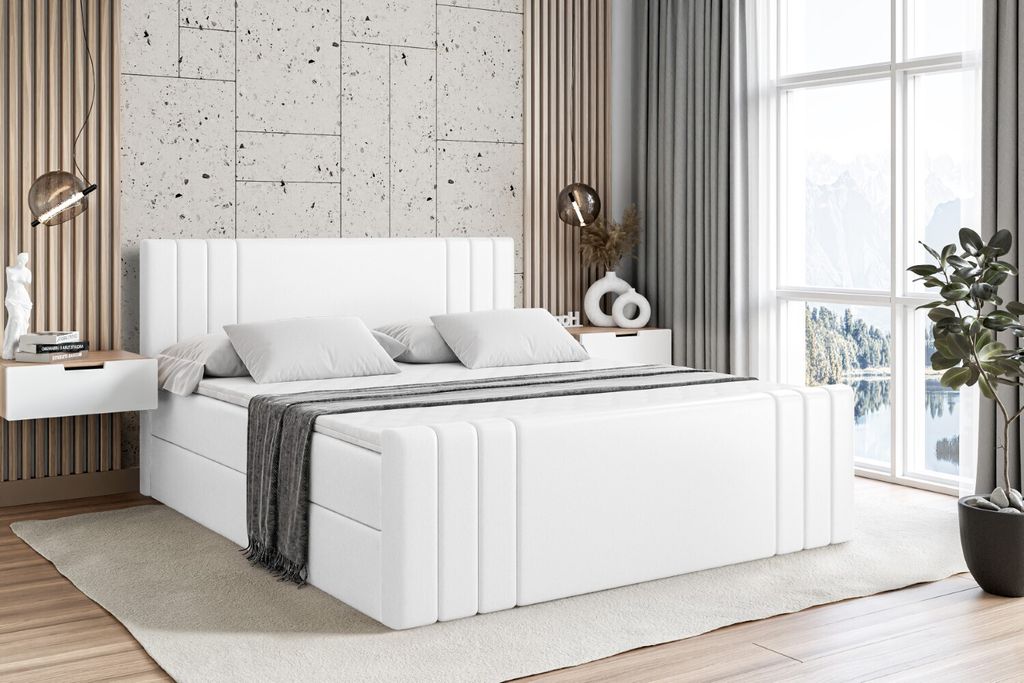 ALTDECOR Boxspringbett mit Fußteil, H3 Matratze und Topper - 180x200 cm - IDRIKO-Z - Weiß Kunstleder - Polsterbett mit Bettkasten und Lattenrost,...