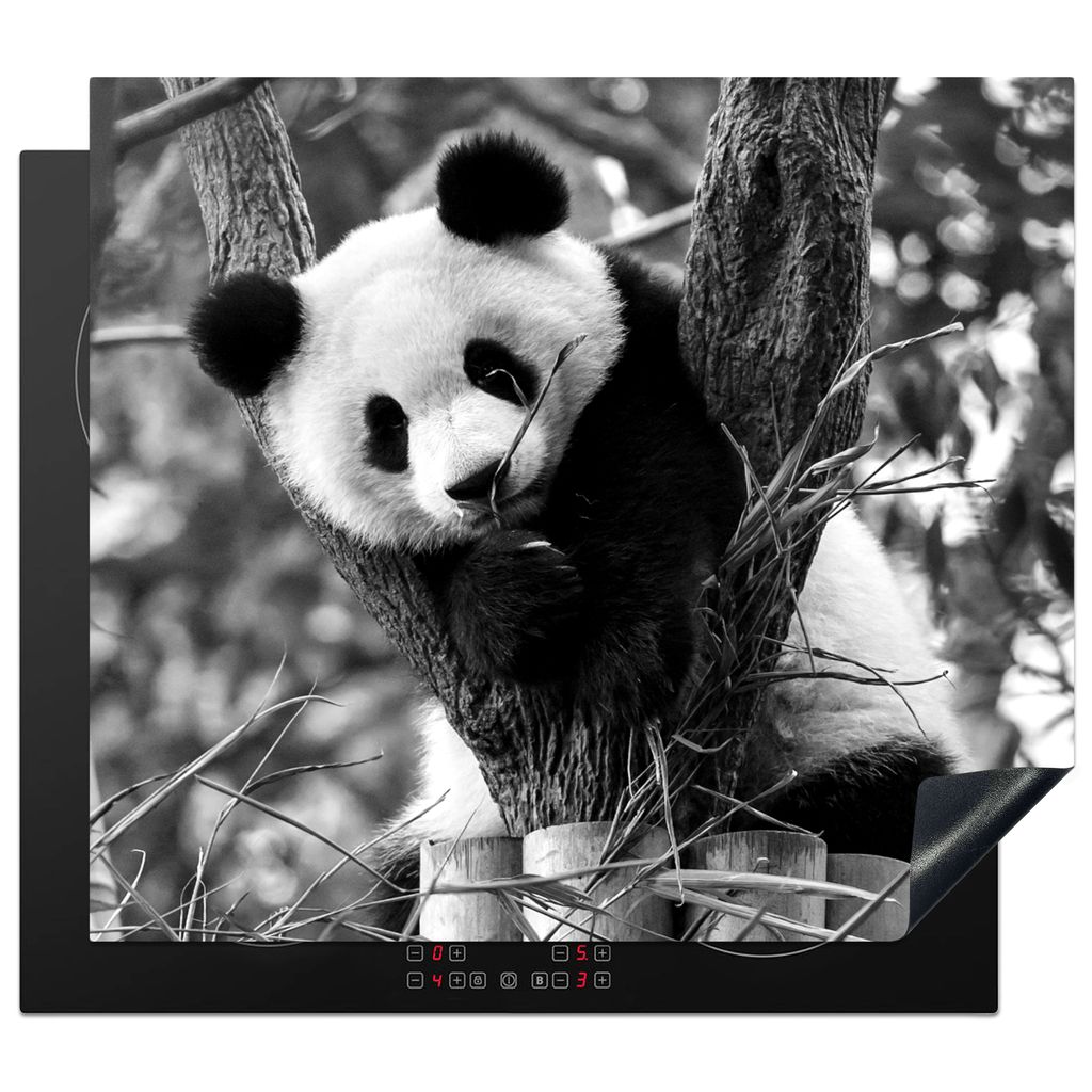 KitchenYeah Herdabdeckplatte Panda Welpe - schwarz und weiß , 60x52cm, Küche Deko, Glaskeramikkochfeld Herdabdeckung, Abdeckplatte fùr Kochfeld