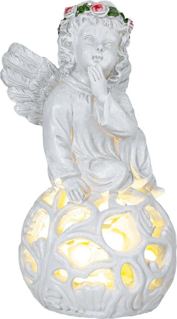 A white angel figurine sitting on a decorative orb, with internal lighting.