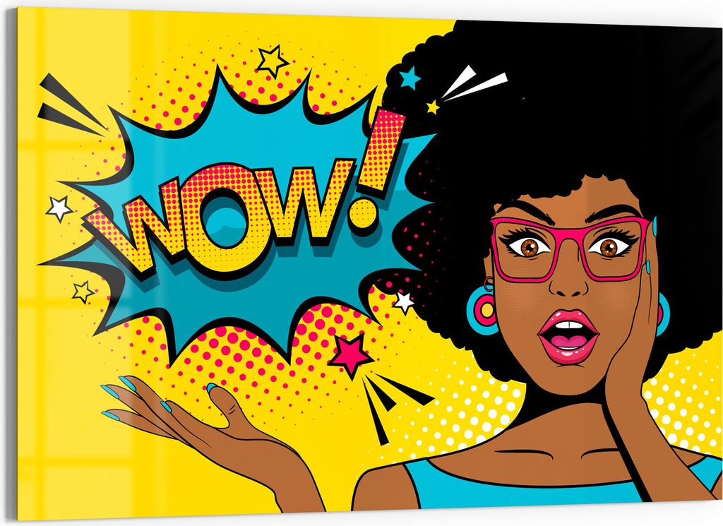 DEQORI Glasbild Echtglas 90x60 cm 'Comic-Frau erstaunt: WOW' Wandbild Bild modern Deko