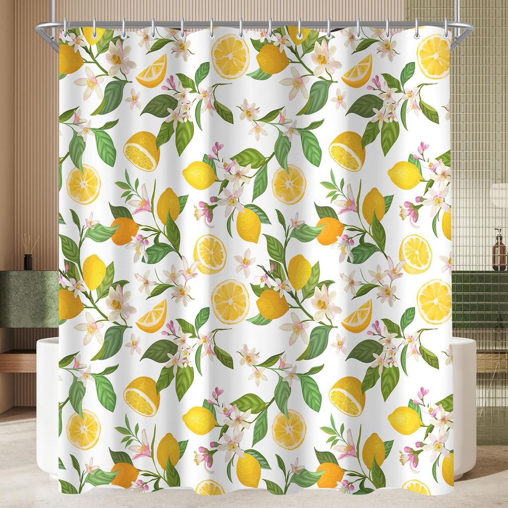 Duschvorhang 180x160cm mit Zitronenblattmotiv, beschwertem Saum, schimmelresistent, wasserabweisend, waschbar, Polyester, mit 12 Ringen und Ösen f...