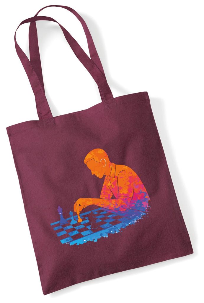 Huuraa Jutebeutel Schach bunte Silhouette 10 Liter Burgundy Baumwolle Tasche Geschenkidee
