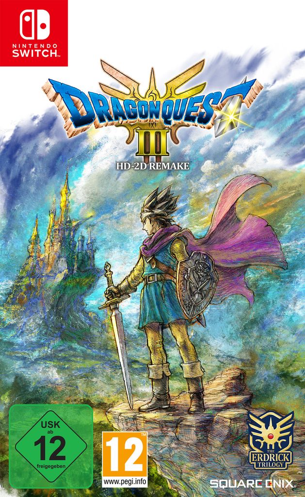 The cover art for the Nintendo Switch game Dragon Quest III: HD-2D Remake, featuring the main character in the foreground with a castle in the background.