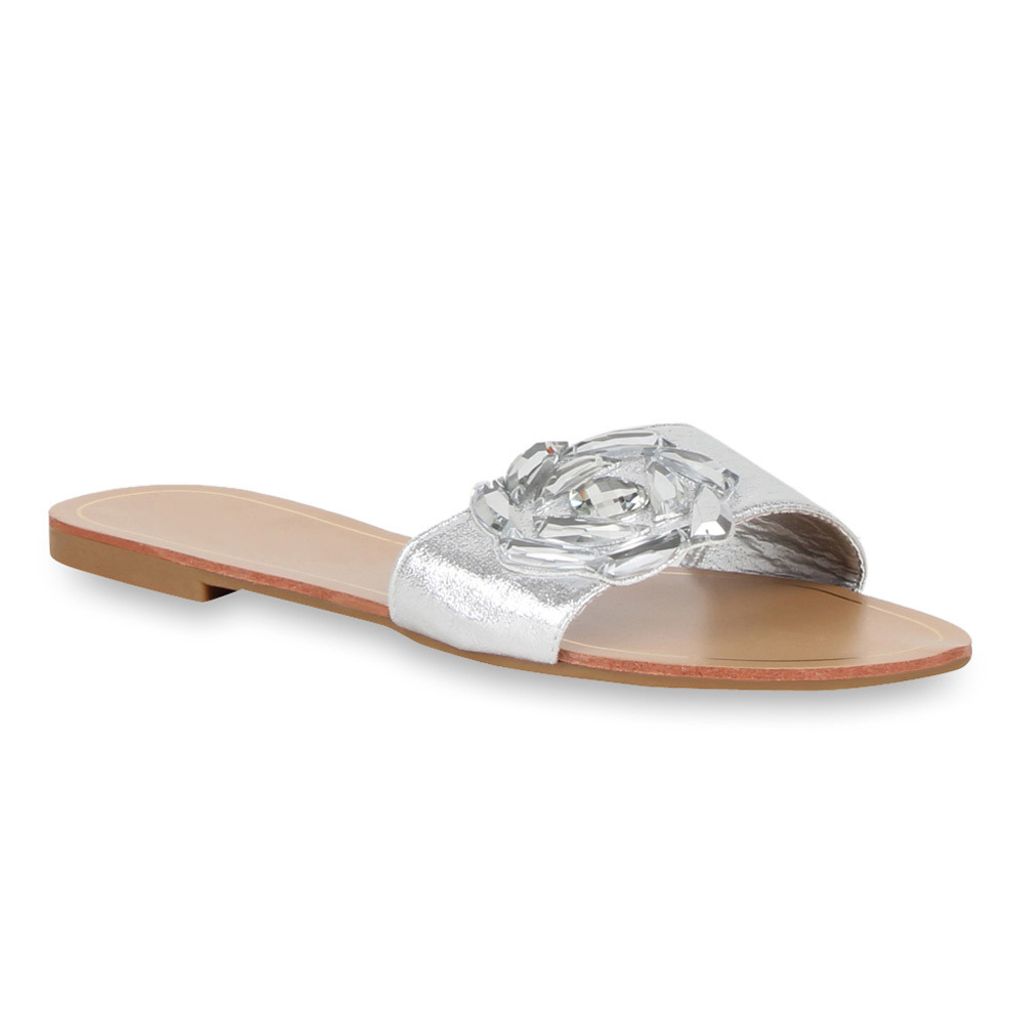 Mytrendshoe Damen Sandalen Metallic Schlappen Beach Schuhe Flats 72088, Farbe: Silber, Größe: 36