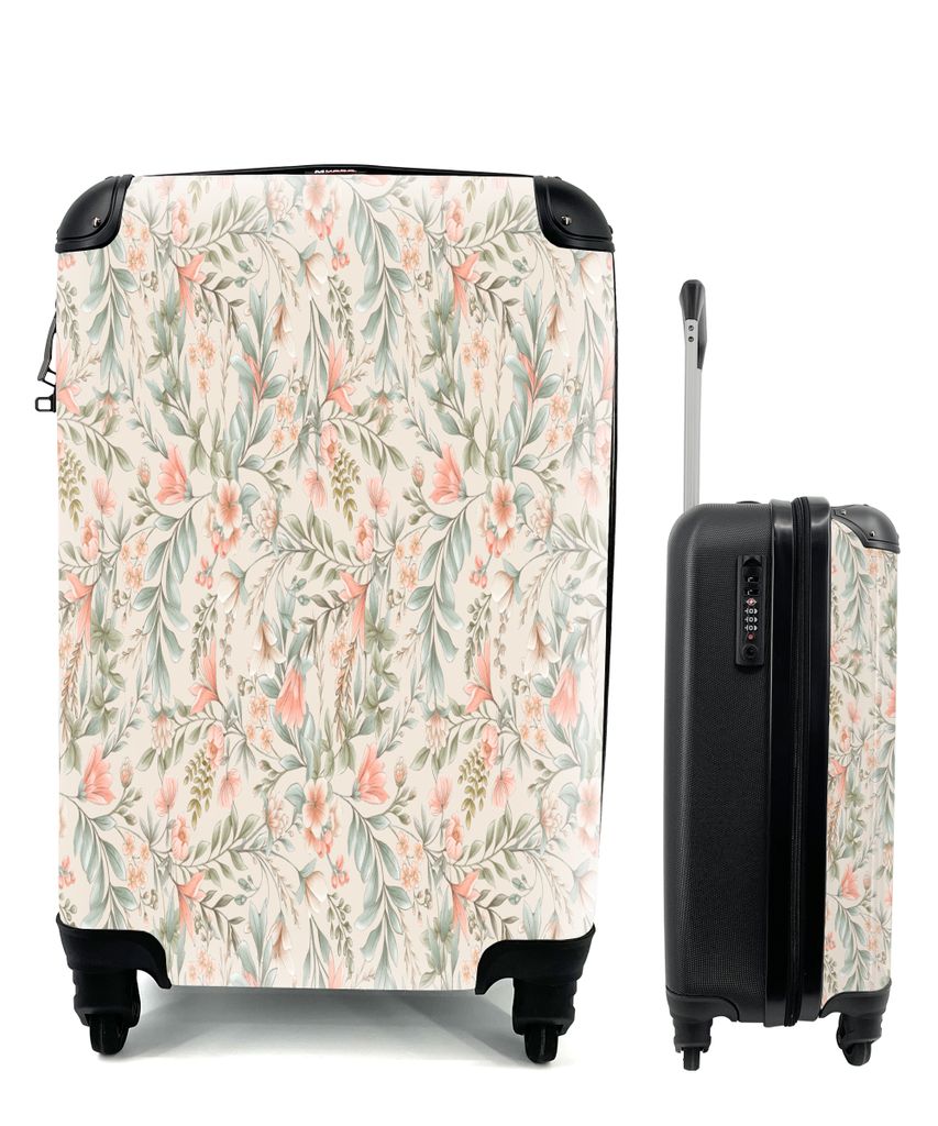 MuchoWow Koffer Handgepäck Trolley Rollkoffer Kleine Reisekoffer mit 4 Rollen - Blumen - Pastell - Blätter - Cabin Size < 55x40x23 cm & 55x40x2...