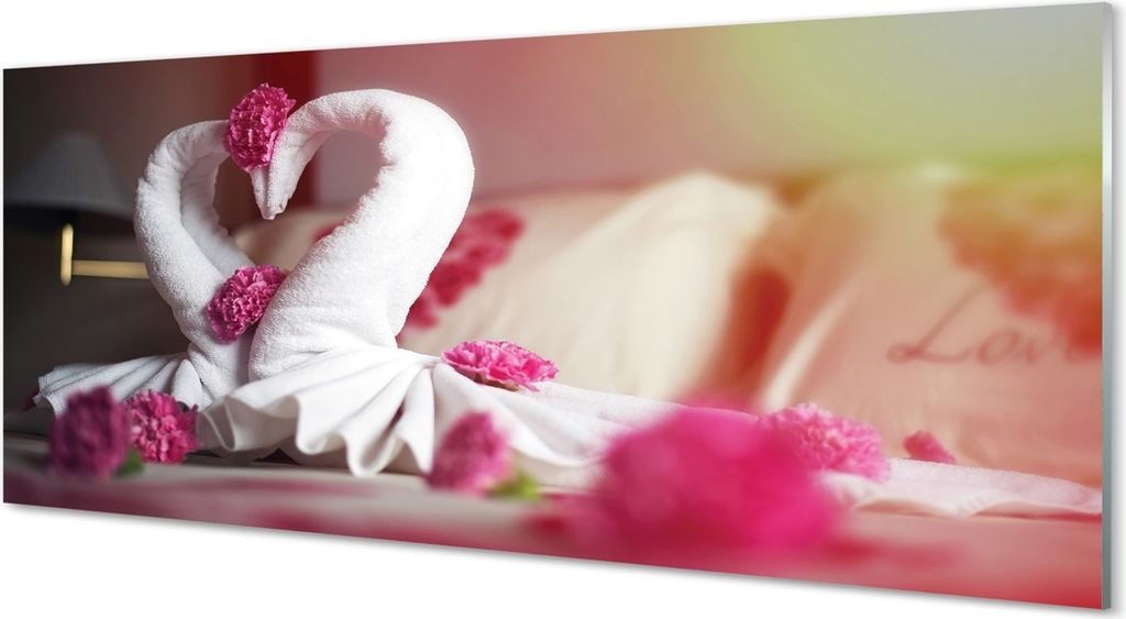 Glasbilder 125x50 Wandkunst Handtücher Schwäne Blumen