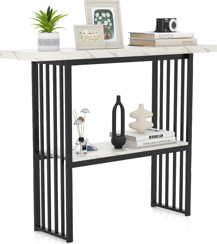 COSTWAY 2 Ebenen Konsolentisch schmal, Beistelltisch Marmor Optik, Flurtisch mit Metallrahmen, 120 x 29,5 x 92,5 cm, Schwarz + Weiß