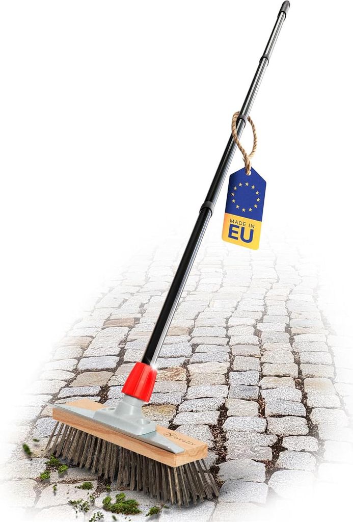 Robuster Drahtbesen mit 4-teiligem Stiel für effiziente Moosentfernung - Stahlbesen für Pflastersteine und Garten mit Stahldrahtbürste - Mooskra...