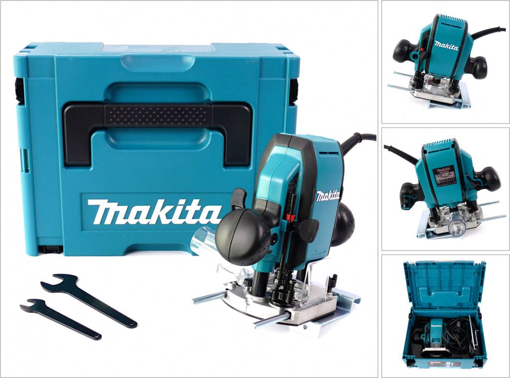 A collage of images showing a Makita router and its accessories, including a storage case and wrenches.