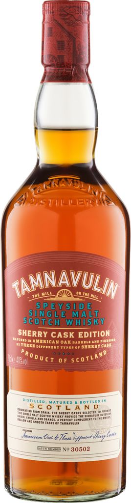 A bottle of Tamnavulin Speyside Single Malt Scotch Whisky, Sherry Cask Edition, against a white background.