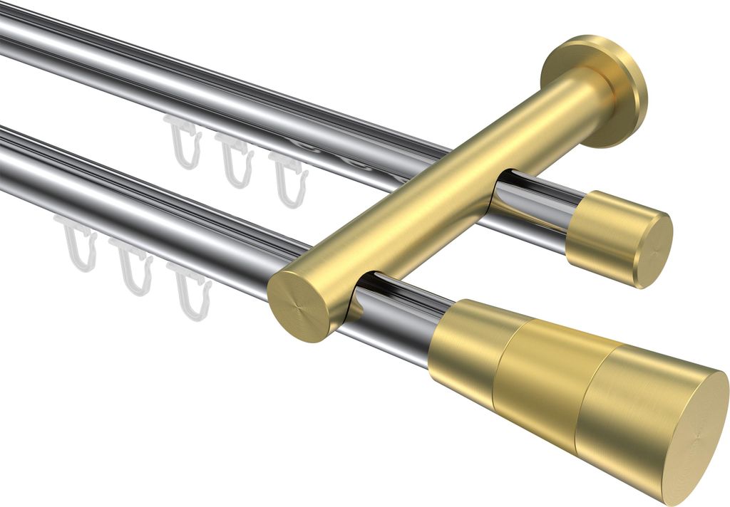 Interdeco Innenlaufstange / Gardinenstange mit Innenlauf Chrom / Messing-Optik, Typ Platon Tanara (Konus), 20 mm Ø 2-läufig, 160 cm