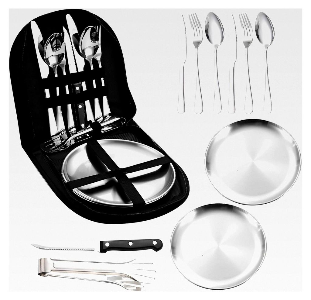 Camping Besteckset, Picknickgeschirr für 2 Personen, 10-teiliges tragbares Edelstahlset mit Tasche