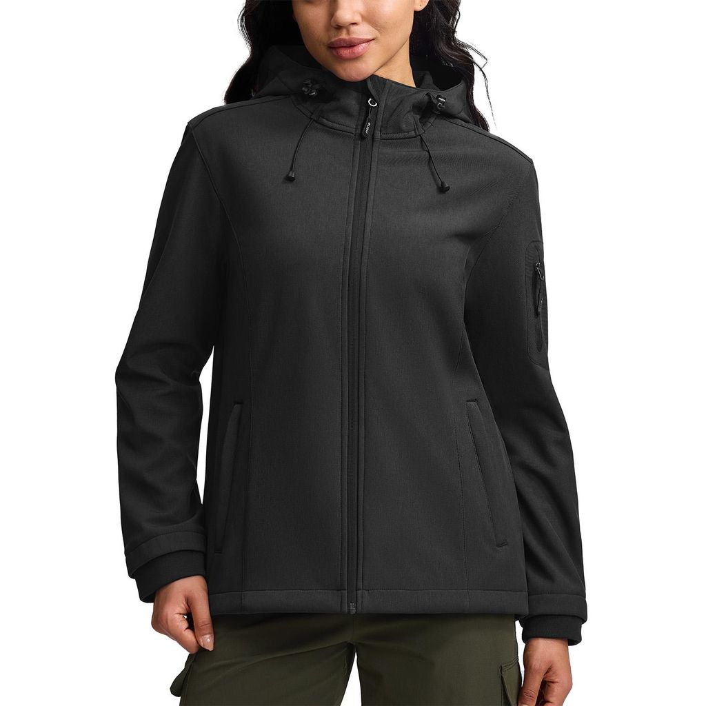 Damen-Softshelljacke, wasserdicht, winddicht, mit Kapuze, fleecegefüttert, leichter Outdoor-Mantel für Winterwanderungen und Radfahren(Schwarz XL)