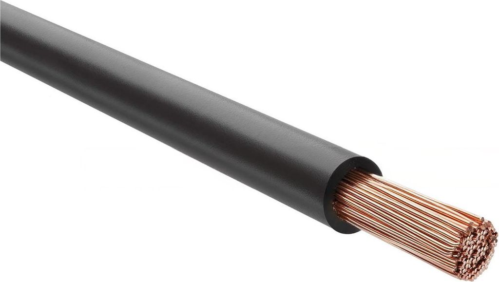 A single black electrical wire with exposed copper strands at the end, isolated on a white background.