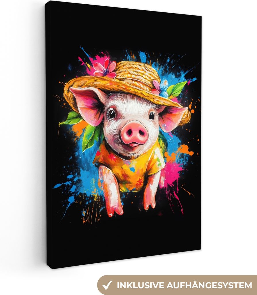 MuchoWow - Leinwandbilder - Graffiti - Sommer - Schwein - Lustig - Tier, Wandbild, Wanddeko Bilder Wohnzimmer, 40x60 cm