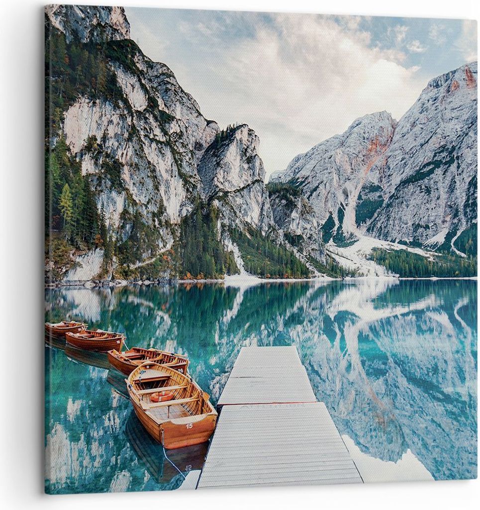 Bild auf Leinwand - Leinwandbild - Einteilig - Boote Berge Hafen - 50x50cm - Wand Bild - Wanddeko - Wandbilder - Leinwanddruck - Bilder - Wanddekor...